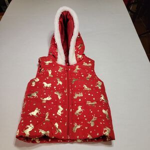 Youth Gold Hearts & Unicorns Red Puffer Vest w/ Faux Fur Lined Hood